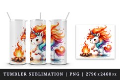 Watercolor cute unicorn fiery red orange mane dancing around bonfire print 20 oz tumbler skinny mug wrap clipart t-shirt sublimation printable design