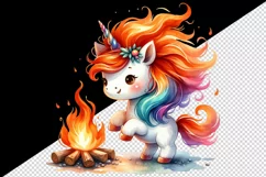 Watercolor cute unicorn fiery red orange mane dancing around bonfire print 20 oz tumbler skinny mug wrap clipart t-shirt sublimation printable design