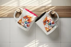 Watercolor cute unicorn fiery red orange mane dancing around bonfire print 20 oz tumbler skinny mug wrap clipart t-shirt sublimation printable design