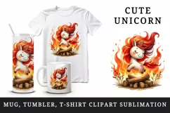 Watercolor cute unicorn fiery red orange mane dancing around bonfire print 20 oz tumbler skinny mug wrap clipart t-shirt sublimation printable design