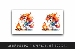 Watercolor cute unicorn fiery red orange mane dancing around bonfire print 20 oz tumbler skinny mug wrap clipart t-shirt sublimation printable design