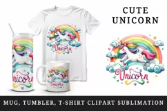 Watercolor cute unicorn floating clouds rainbow word Unicorn quote print 20 oz tumbler skinny mug wrap clipart t-shirt sublimation printable design