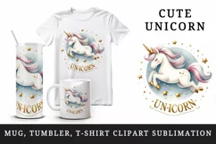 Watercolor cute unicorn floating gold stars word Unicorn quote print 20 oz tumbler skinny mug wrap clipart t-shirt sublimation printable design