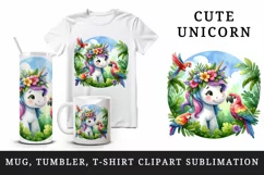 Watercolor cute unicorn floral mane colorful parrots birds tropical print 20 oz tumbler skinny mug wrap clipart t-shirt sublimation printable design