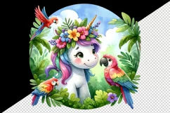 Watercolor cute unicorn floral mane colorful parrots birds tropical print 20 oz tumbler skinny mug wrap clipart t-shirt sublimation printable design