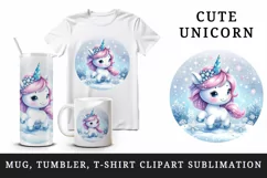 Watercolor cute unicorn glistening crystal horn sparkle snowflakes print 20 oz tumbler skinny mug wrap clipart t-shirt sublimation printable design