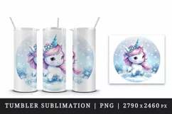 Watercolor cute unicorn glistening crystal horn sparkle snowflakes print 20 oz tumbler skinny mug wrap clipart t-shirt sublimation printable design