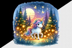Watercolor cute unicorn glowing fireflies magical forest at dusk night print 20oz tumbler skinny mug wrap clipart t-shirt sublimation printable design