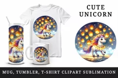 Watercolor cute unicorn glowing lanterns leading parade at twilight print 20 oz tumbler skinny mug wrap clipart t-shirt sublimation printable design