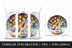 Watercolor cute unicorn glowing lanterns leading parade at twilight print 20 oz tumbler skinny mug wrap clipart t-shirt sublimation printable design