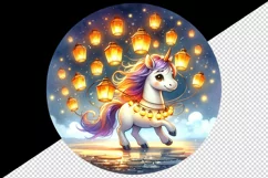 Watercolor cute unicorn glowing lanterns leading parade at twilight print 20 oz tumbler skinny mug wrap clipart t-shirt sublimation printable design