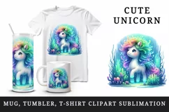 Watercolor cute unicorn glowing mane exploring an underwater world print 20 oz tumbler skinny mug wrap clipart t-shirt sublimation printable design