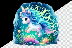 Watercolor cute unicorn glowing mane exploring an underwater world print 20 oz tumbler skinny mug wrap clipart t-shirt sublimation printable design