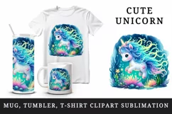 Watercolor cute unicorn glowing mane exploring an underwater world print 20 oz tumbler skinny mug wrap clipart t-shirt sublimation printable design