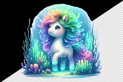Watercolor cute unicorn glowing mane exploring an underwater world print 20 oz tumbler skinny mug wrap clipart t-shirt sublimation printable design