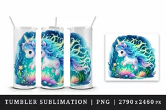 Watercolor cute unicorn glowing mane exploring an underwater world print 20 oz tumbler skinny mug wrap clipart t-shirt sublimation printable design