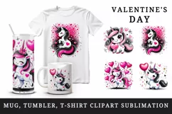 Watercolor cute unicorn holding pink heart balloon Valentines Day love print tumbler skinny mug wrap clipart t-shirt sublimation printable design png