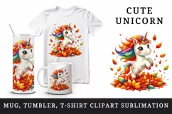 Watercolor cute unicorn jumping through pile of colorful autumn leaves print 20oz tumbler skinny mug wrap clipart t-shirt sublimation printable design