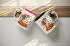 Watercolor cute unicorn jumping through pile of colorful autumn leaves print 20oz tumbler skinny mug wrap clipart t-shirt sublimation printable design