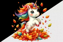 Watercolor cute unicorn jumping through pile of colorful autumn leaves print 20oz tumbler skinny mug wrap clipart t-shirt sublimation printable design