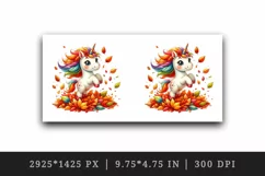 Watercolor cute unicorn jumping through pile of colorful autumn leaves print 20oz tumbler skinny mug wrap clipart t-shirt sublimation printable design