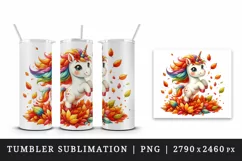 Watercolor cute unicorn jumping through pile of colorful autumn leaves print 20oz tumbler skinny mug wrap clipart t-shirt sublimation printable design