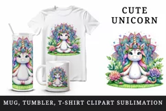Watercolor cute unicorn mandala meditating in peaceful zen garden print 20 oz tumbler skinny mug wrap clipart t-shirt sublimation printable design