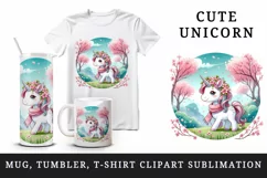 Watercolor cute unicorn mane delicate cherry blossoms Japanese garden print 20 oz tumbler skinny mug wrap clipart t-shirt sublimation printable design