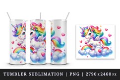 Watercolor cute unicorn mane rainbow clouds hearts Valentine Day print 20 oz tumbler skinny mug wrap clipart t-shirt sublimation printable design