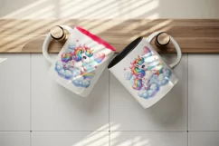 Watercolor cute unicorn mane rainbow clouds hearts Valentine Day print 20 oz tumbler skinny mug wrap clipart t-shirt sublimation printable design