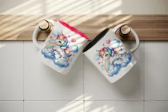 Watercolor cute unicorn mane rainbow clouds hearts Valentine Day print 20 oz tumbler skinny mug wrap clipart t-shirt sublimation printable design