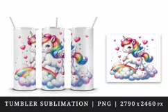 Watercolor cute unicorn mane rainbow clouds hearts Valentine Day print 20 oz tumbler skinny mug wrap clipart t-shirt sublimation printable design