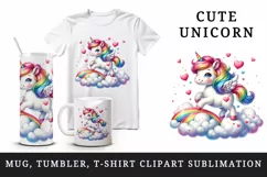 Watercolor cute unicorn mane rainbow clouds hearts Valentine Day print 20 oz tumbler skinny mug wrap clipart t-shirt sublimation printable design