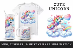 Watercolor cute unicorn mane rainbow clouds hearts Valentine Day print 20 oz tumbler skinny mug wrap clipart t-shirt sublimation printable design