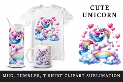 Watercolor cute unicorn mane rainbow clouds hearts Valentine Day print 20 oz tumbler skinny mug wrap clipart t-shirt sublimation printable design