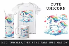 Watercolor cute unicorn mane rainbow clouds hearts Valentine Day print 20 oz tumbler skinny mug wrap clipart t-shirt sublimation printable design
