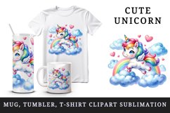 Watercolor cute unicorn mane rainbow clouds hearts Valentine Day print 20 oz tumbler skinny mug wrap clipart t-shirt sublimation printable design