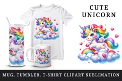 Watercolor cute unicorn mane rainbow clouds hearts Valentine Day print 20 oz tumbler skinny mug wrap clipart t-shirt sublimation printable design