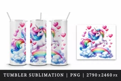 Watercolor cute unicorn mane rainbow clouds hearts Valentine Day print 20 oz tumbler skinny mug wrap clipart t-shirt sublimation printable design