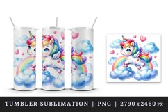 Watercolor cute unicorn mane rainbow clouds hearts Valentine Day print 20 oz tumbler skinny mug wrap clipart t-shirt sublimation printable design
