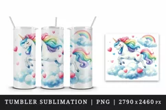 Watercolor cute unicorn mane rainbow clouds hearts Valentine Day print 20 oz tumbler skinny mug wrap clipart t-shirt sublimation printable design