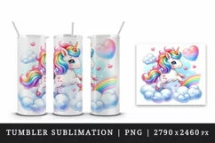 Watercolor cute unicorn mane rainbow clouds hearts Valentine Day print 20 oz tumbler skinny mug wrap clipart t-shirt sublimation printable design