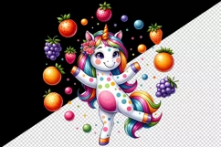 Watercolor cute unicorn multicolored spots juggling colorful fruits print 20 oz tumbler skinny mug wrap clipart t-shirt sublimation printable design