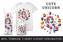 Watercolor cute unicorn multicolored spots juggling colorful fruits print 20 oz tumbler skinny mug wrap clipart t-shirt sublimation printable design