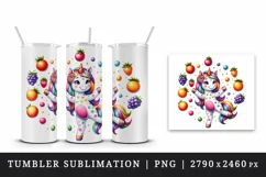 Watercolor cute unicorn multicolored spots juggling colorful fruits print 20 oz tumbler skinny mug wrap clipart t-shirt sublimation printable design