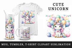 Watercolor cute unicorn pastel balloons flowers festive birthday party print 20oz tumbler skinny mug wrap clipart t-shirt sublimation printable design