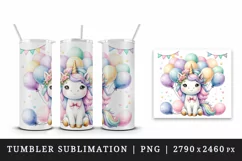 Watercolor cute unicorn pastel balloons flowers festive birthday party print 20oz tumbler skinny mug wrap clipart t-shirt sublimation printable design