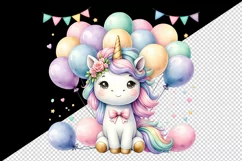 Watercolor cute unicorn pastel balloons flowers festive birthday party print 20oz tumbler skinny mug wrap clipart t-shirt sublimation printable design