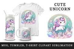 Watercolor cute unicorn pink mane soft pastel bubbles magical cityscape print tumbler skinny mug wrap clipart t-shirt sublimation printable design