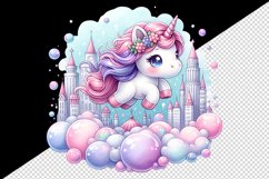 Watercolor cute unicorn pink mane soft pastel bubbles magical cityscape print tumbler skinny mug wrap clipart t-shirt sublimation printable design